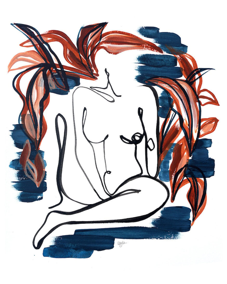 illustration of woman sitting down while masturbating with her right hand