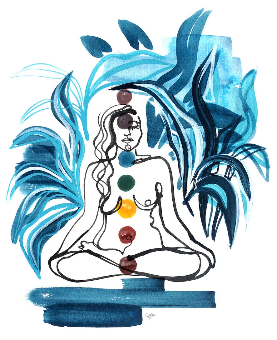 illustration of a woman with 7 dots representing the 7 chakras