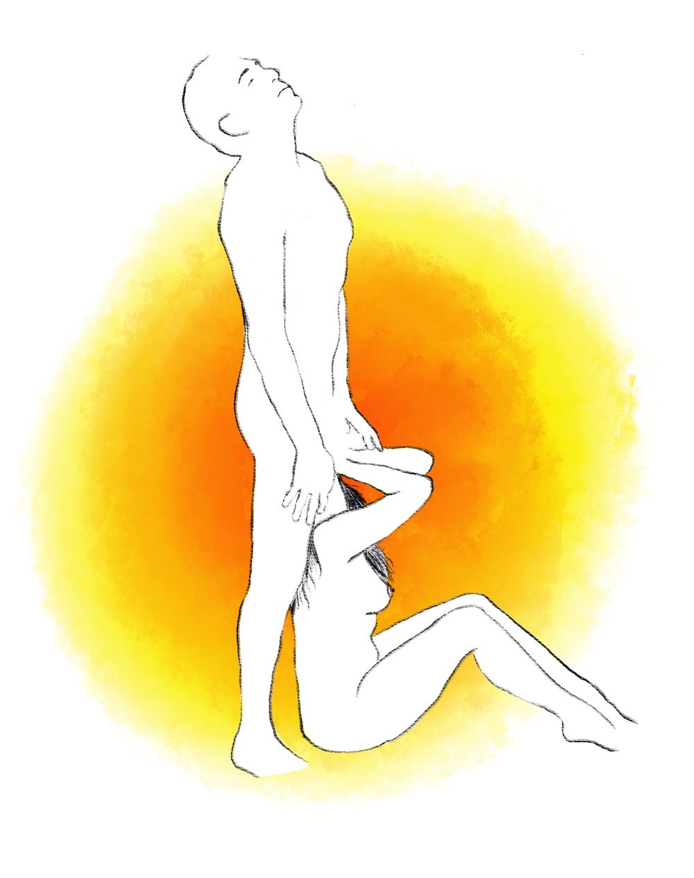 illustration of woman sitting and man standing above her