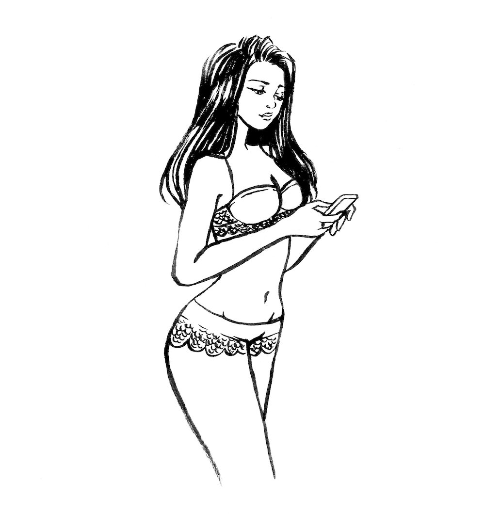 Woman in lingerie, typing on her smartphone, looking disconcerted.