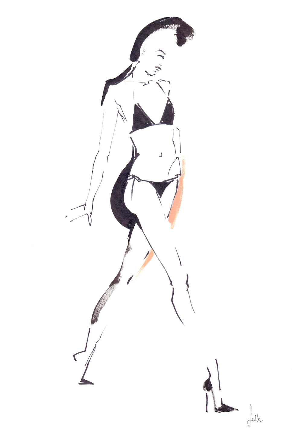 woman in a 2 piece bikini and high heels strutting