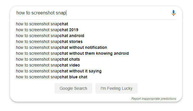 Screenshot showing predicted searches for how to secretly screenshot SnapChat images