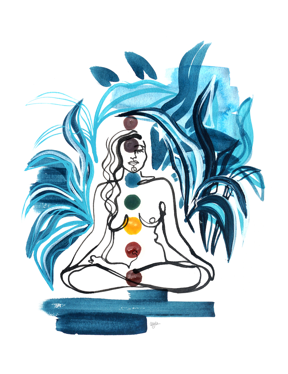 illustration of a woman with 7 dots representing the 7 chakras