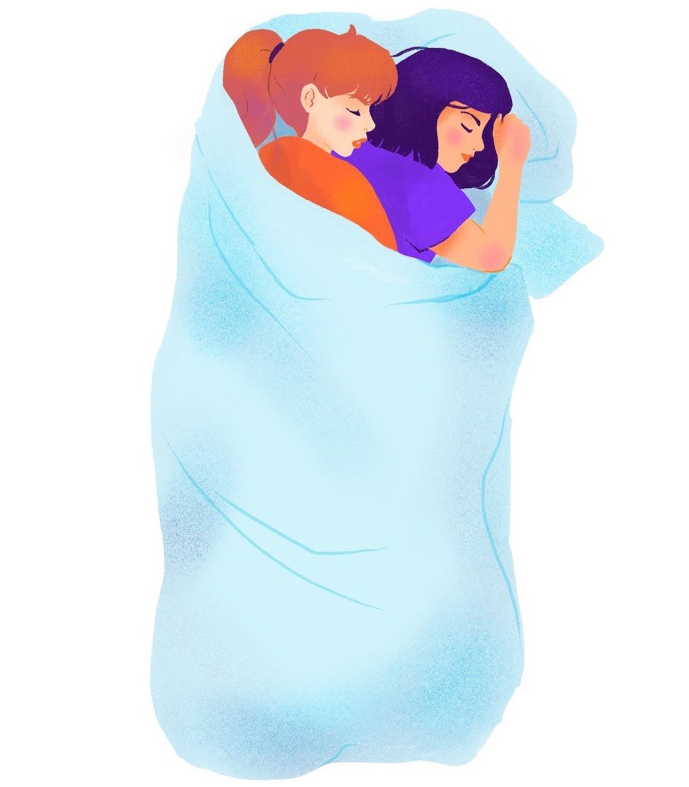 two women wrapped in a blanket facing in the same direction in the burrito cuddling position